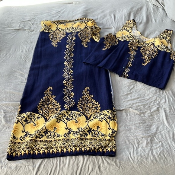 Vintage Blue/Gold Wrap Skirt &  Button Down Tank Set - Picture 1 of 5